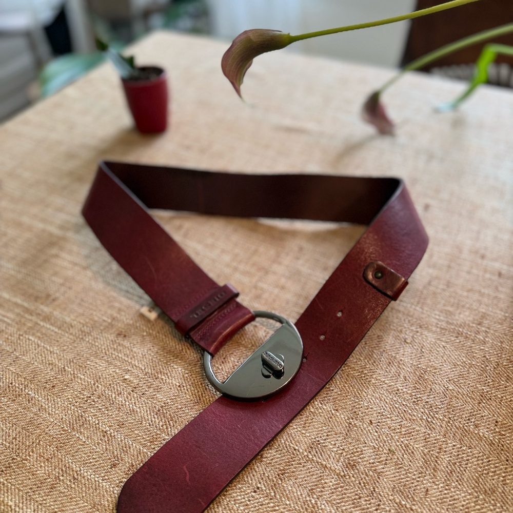 Diesel Burgundy Leather Belt with Round Silver Buckle